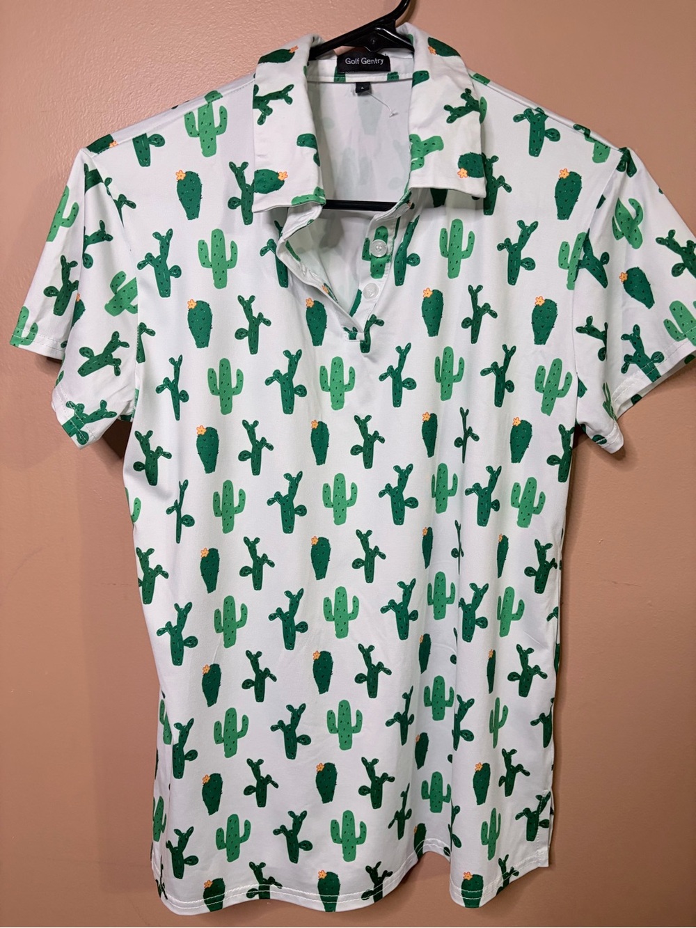 Women’s White Polo with Green Cactus Print
